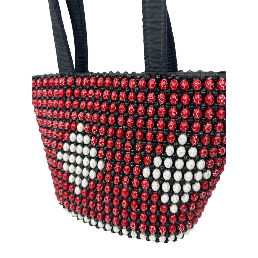 Vintage Handmade Beaded Tote Bag Red White Black Zippered Shoulder Bag - BY